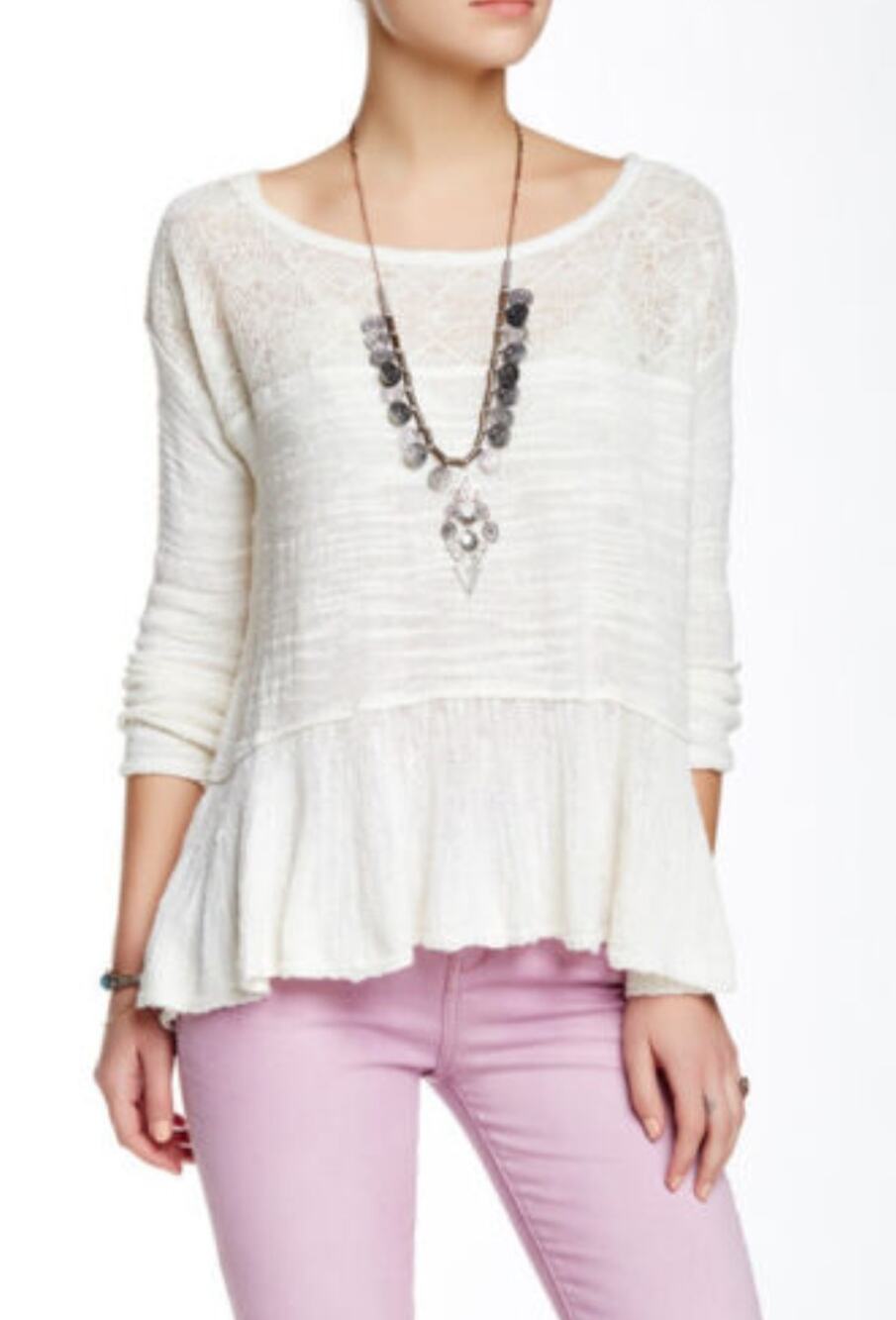 FREE PEOPLE Ivory White Kristobel Embroidered Lace Knit Scoop Neck Sweater XS